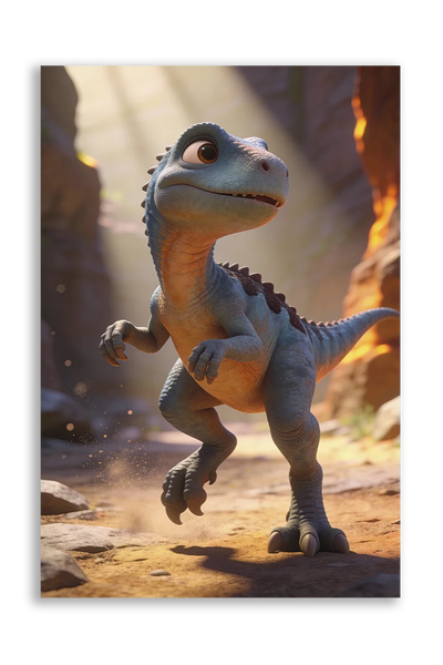 Akustikbillede med en tegnet velociraptor-unge i varmt lys mellem klipper