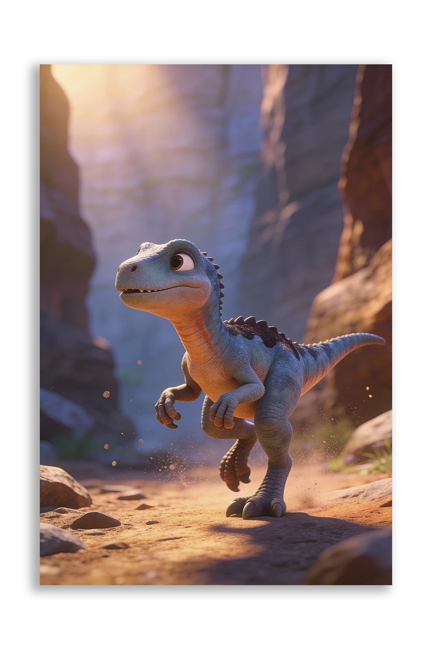 Akustikbillede med en tegnet velociraptor-unge i en klippekløft