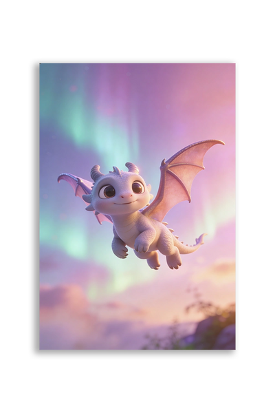 Akustikbillede med en tegnet drageunge i lyserødt i flugt under et pastelfarvet nordlys