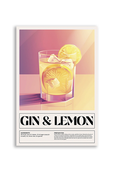 Akustikbillede med en retro cocktailplakat med Gin & Lemon