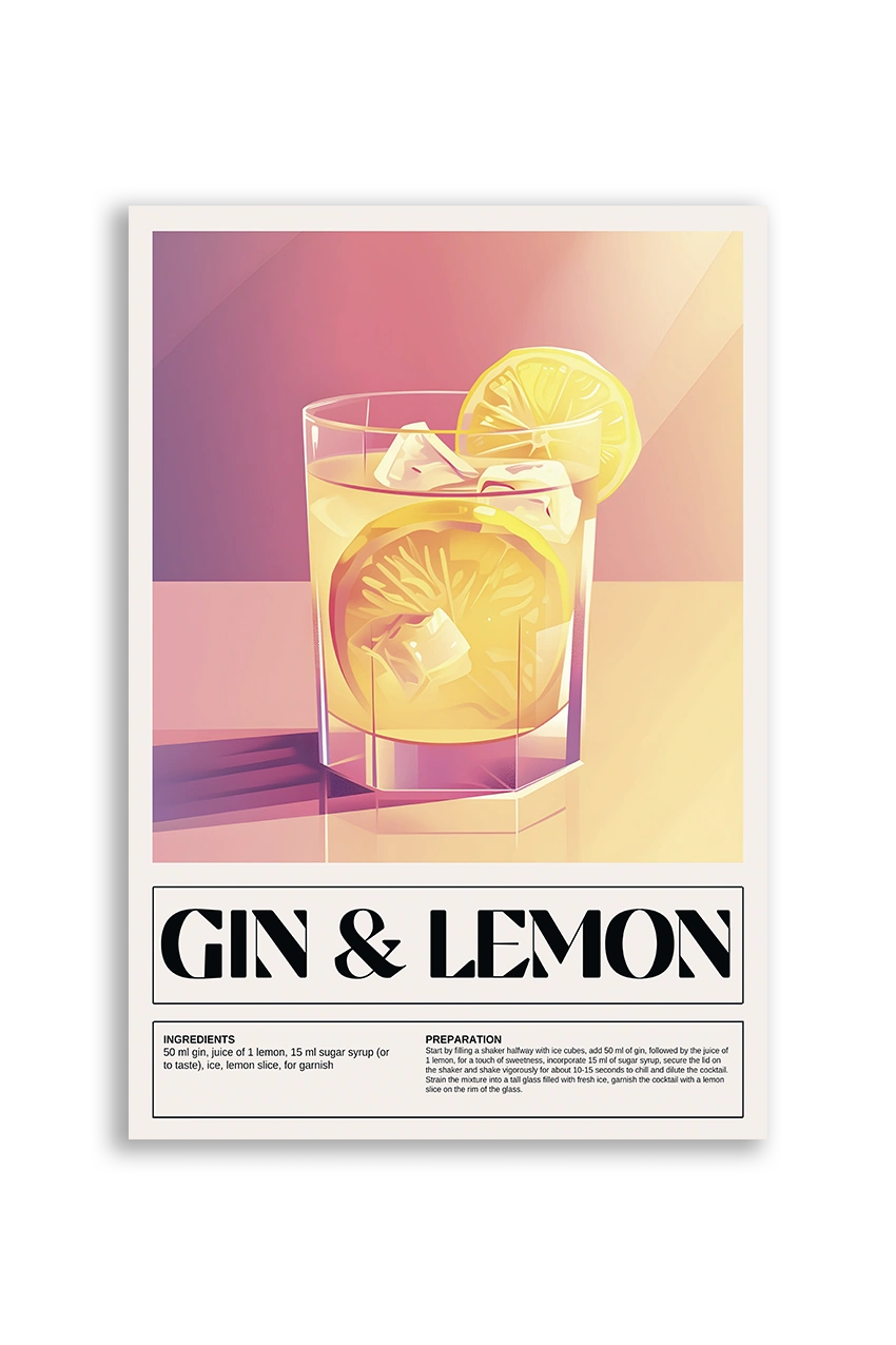 Akustikbillede med en retro cocktailplakat med Gin & Lemon