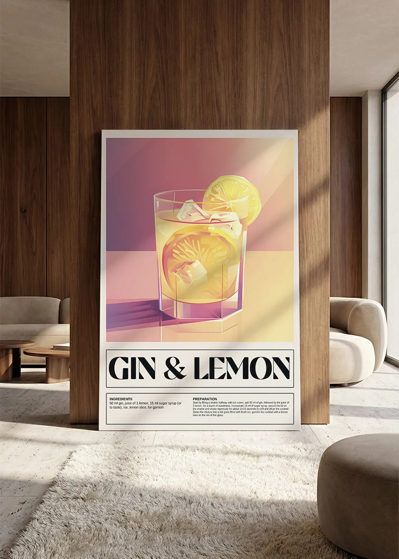 Akustikbillede med en retro cocktailplakat med Gin & Lemon, lænet mod vægpanel i valnød ved sofaen