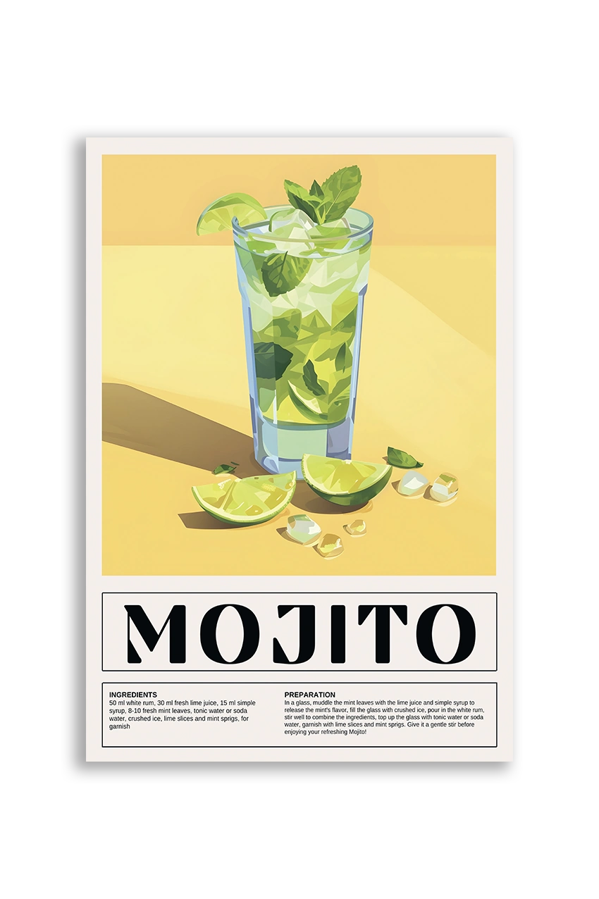 Akustikbillede med en retro cocktailplakat med Mojito