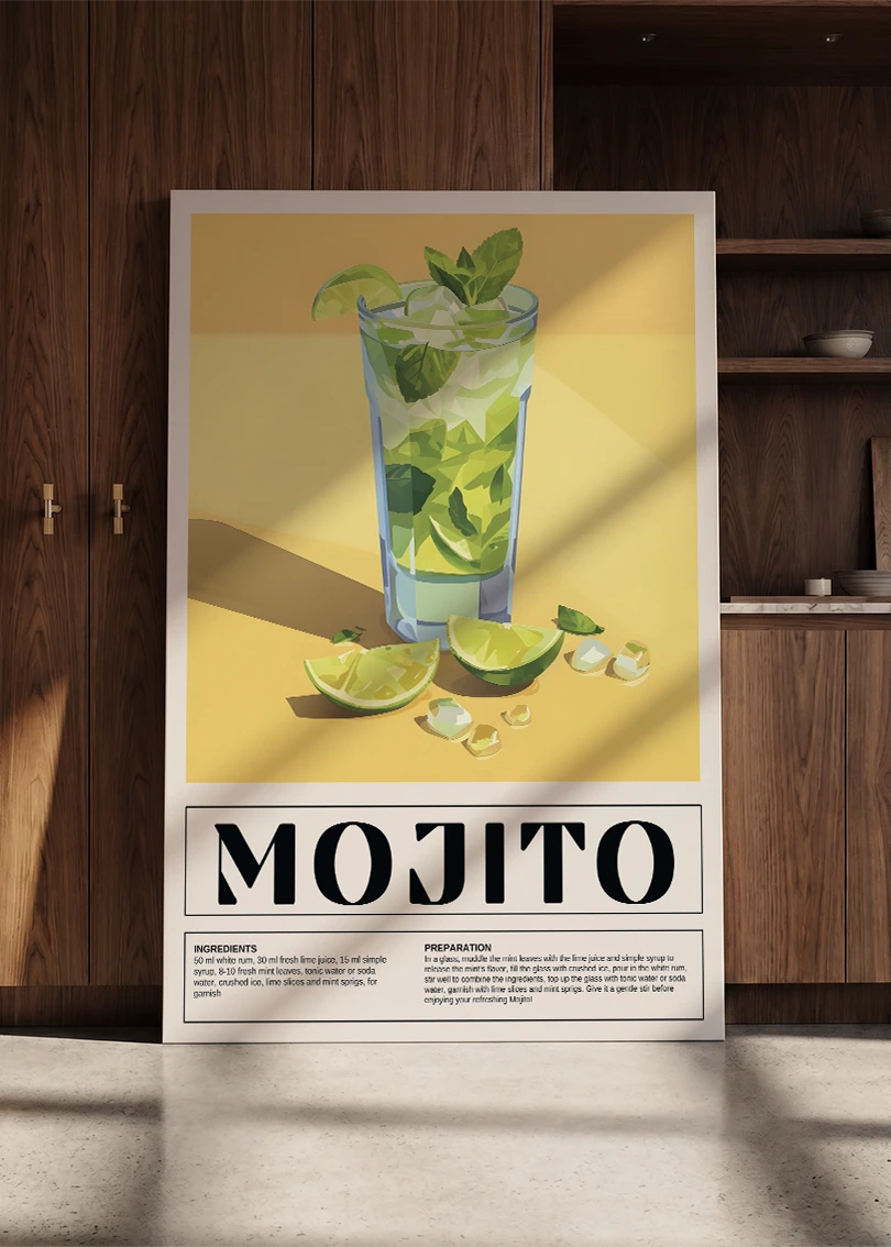 Akustikbillede med en retro cocktailplakat med Mojito, lænet mod en skabsvæg i valnød