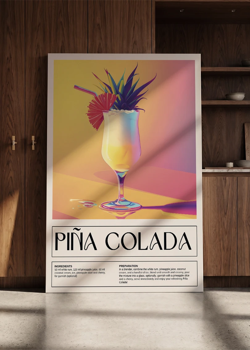 Akustikbillede med en retro cocktailplakat med Pina Colada, lænet mod en skabsvæg i valnød