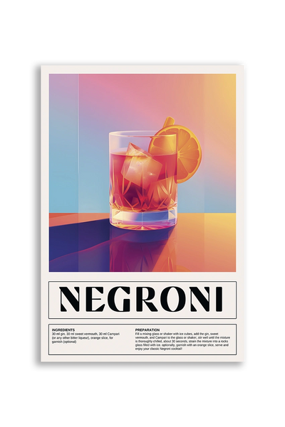Akustikbillede med en retro cocktailplakat med Negroni