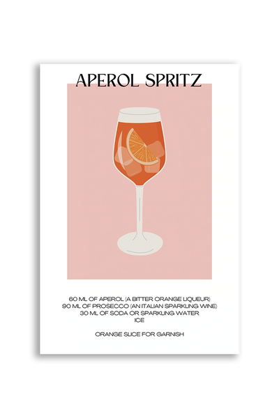 Akustikbillede med en minimalistisk cocktailplakat med Aperol Spritz