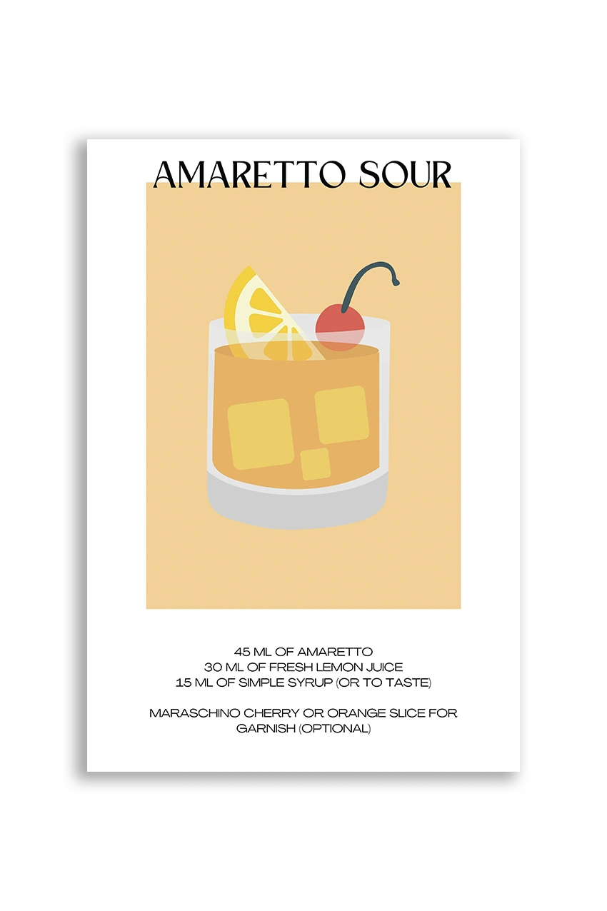 Akustikbillede med en minimalistisk cocktailplakat med Amaretto Sour