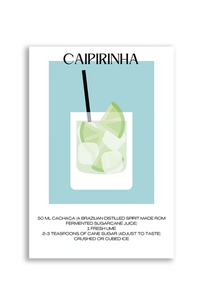 Akustikbillede med en minimalistisk cocktailplakat med Caipirinha