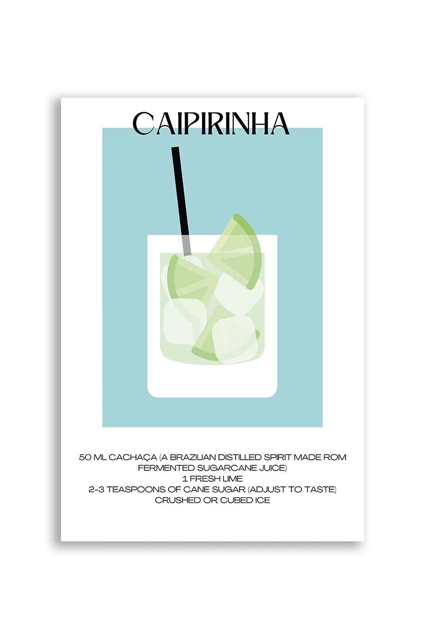 Akustikbillede med en minimalistisk cocktailplakat med Caipirinha