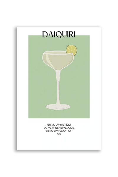 Akustikbillede med en minimalistisk cocktailplakat med Daiquiri