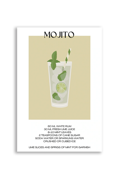 Akustikbillede med en minimalistisk cocktailplakat med Mojito