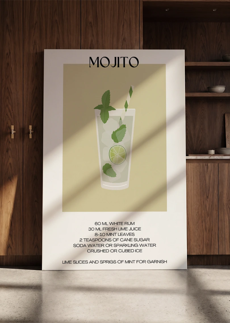 Akustikbillede med en minimalistisk cocktailplakat med Mojito, lænet mod en skabsvæg i valnød