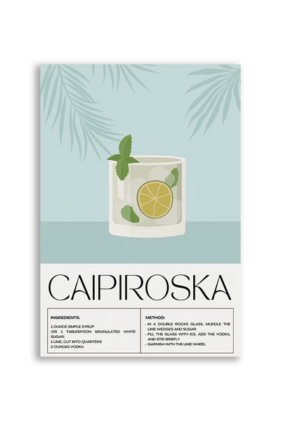 Akustikbillede med en retro cocktailplakat med Caipiroska