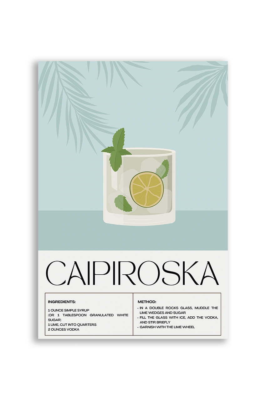 Akustikbillede med en retro cocktailplakat med Caipiroska