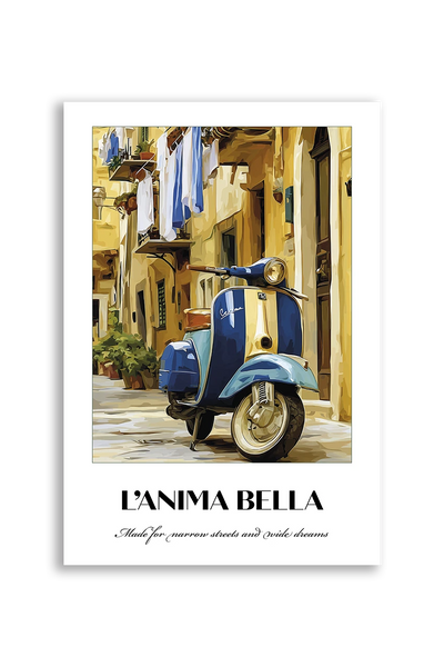 Akustikbillede med en italiensk rejseplakat med en Vespa i en italiensk gade