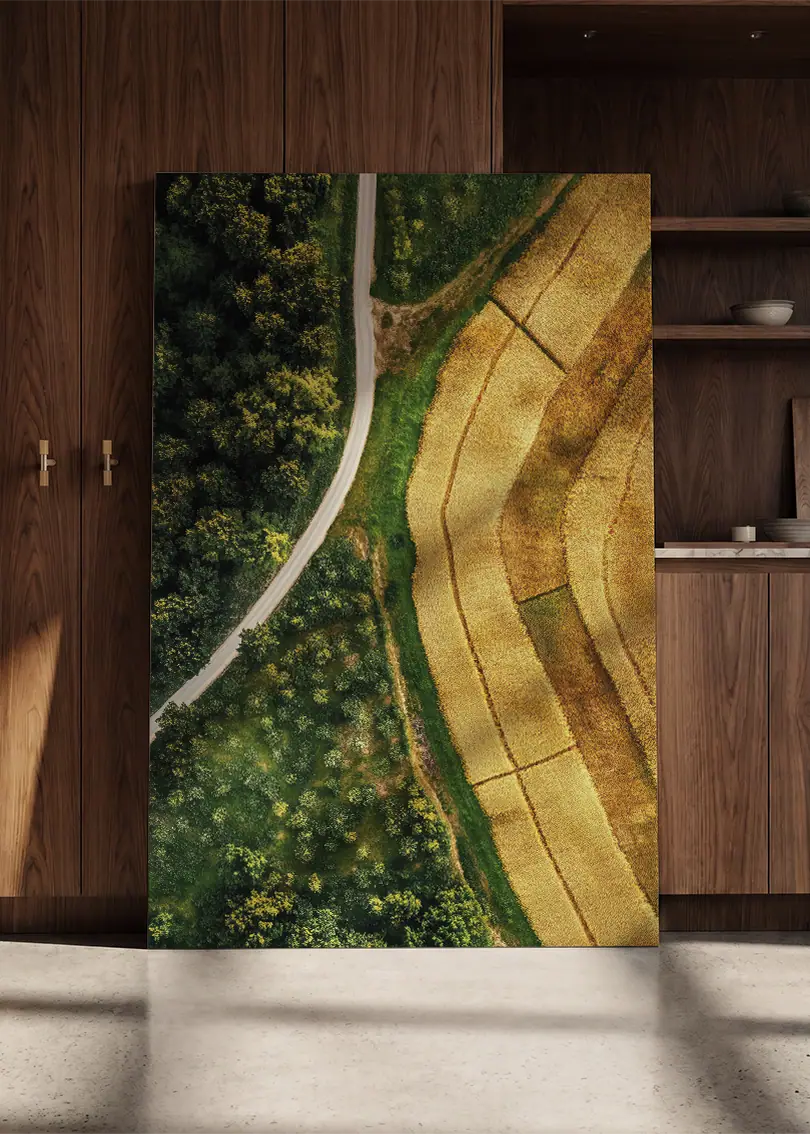 Akustikbillede med dronefoto af en markvej mellem grøn skov og gyldne marker, lænet op ad skabsvæg i valnød