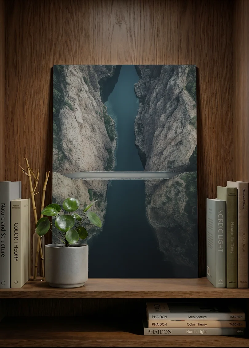 Akustikbillede med dronefoto af en bro over en smal flod i en lys klippekløft, på skænk i valnød med potteplante og bøger