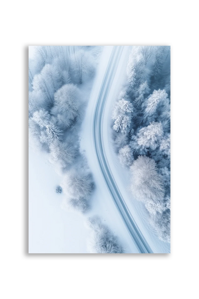 Akustikbillede med dronefoto af en vej gennem sneklædt vinterskov i lyseblå toner