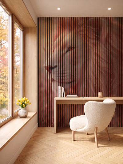 Akustikpanel med Lions-motiv nr. 2 – i spisestuen