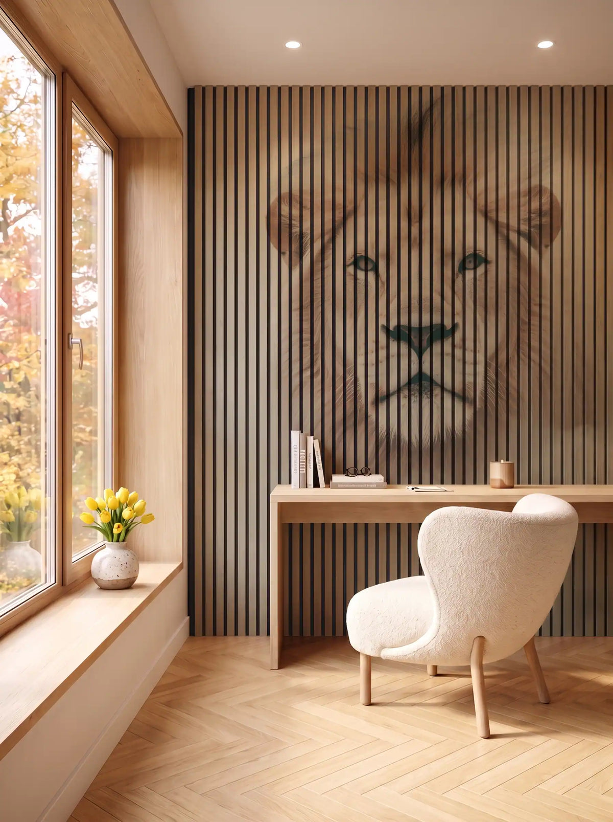 Akustikpanel med Lions-motiv nr. 20 – i spisestuen