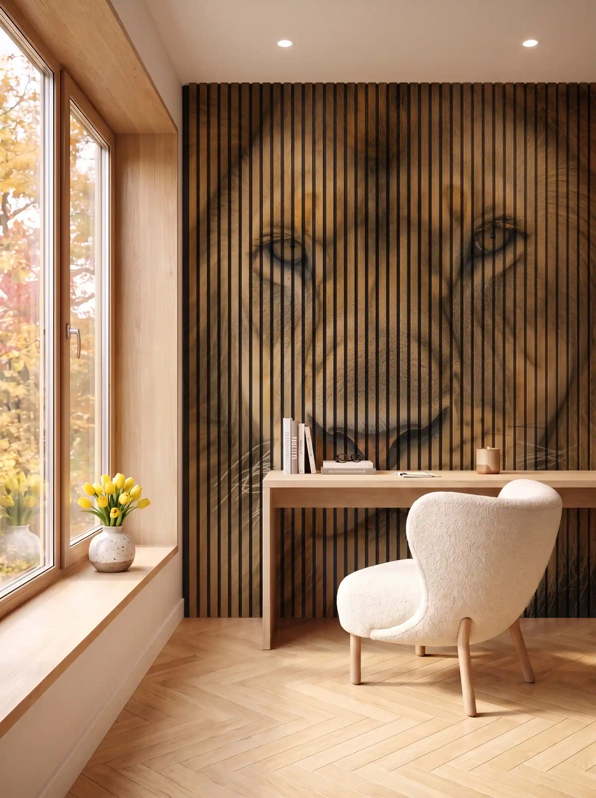 Akustikpanel med Lions-motiv nr. 30 – i spisestuen