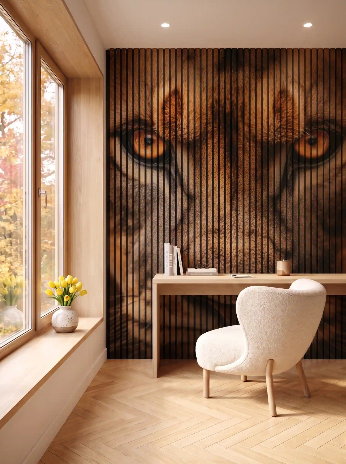 Akustikpanel med Lions-motiv nr. 31 – i spisestuen