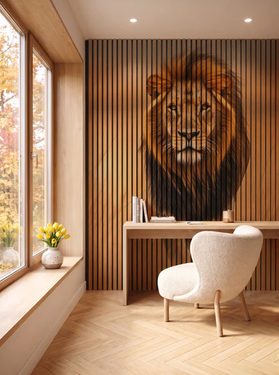 Akustikpanel med Lions-motiv nr. 50 – i spisestuen