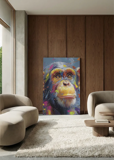 Akustikbillede med en chimpanse, i en lounge med bugtet sofa mod vægpanel i valnød