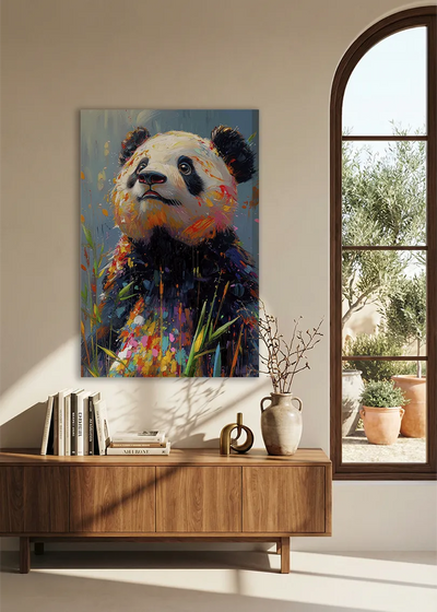 Akustikbillede med en panda, over en skænk i valnød ved et buet vindue