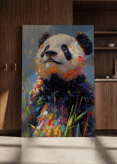 Akustikbillede med en panda, lænet mod en skabsvæg i valnød