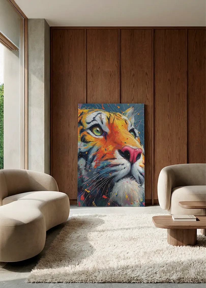 Akustikbillede med en tiger, i en lounge med bugtet sofa mod vægpanel i valnød