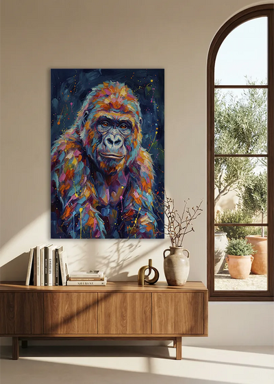 Akustikbillede med en gorilla, over en skænk i valnød ved et buet vindue