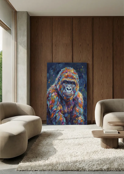 Akustikbillede med en gorilla, i en lounge med bugtet sofa mod vægpanel i valnød