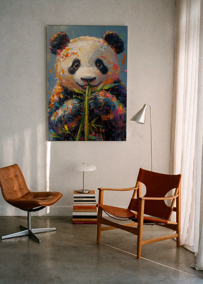 Akustikbillede med en farverigt malet panda, ophængt over en lænestol
