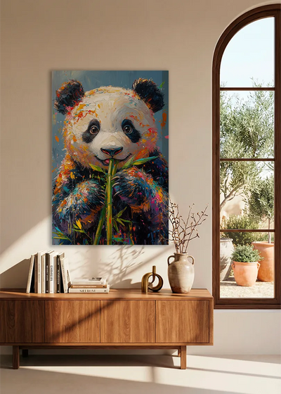 Akustikbillede med en farverigt malet panda, over en skænk i valnød