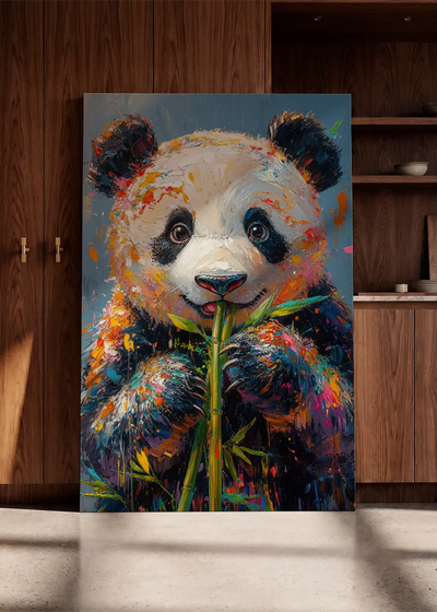 Akustikbillede med en farverigt malet panda, lænet mod en skabsvæg i valnød