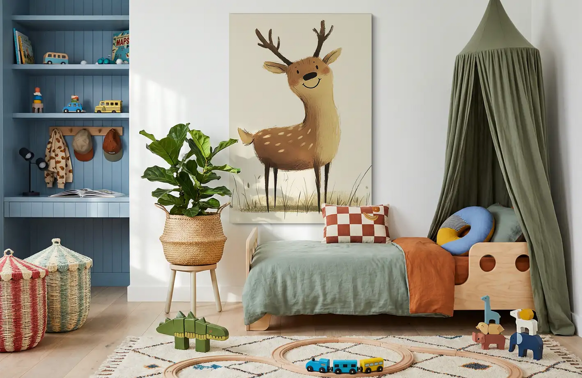 Akustikbillede med en enkel illustration af et rådyr med gevir, i et børneværelse med grøn sengehimmel og blå reol