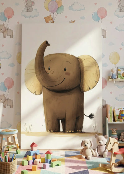 Akustikbillede med en enkel illustration af en elefant, i nærbillede mod ballontapet med legetøj i forgrunden