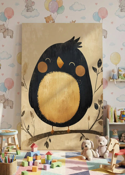 Akustikbillede med en enkel illustration af en pingvin på en gren, i nærbillede mod ballontapet med legetøj i forgrunden