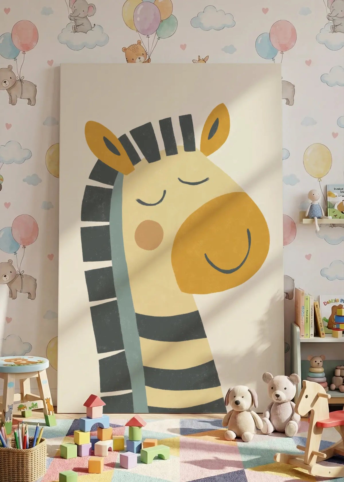 Akustikbillede med en enkel illustration af en zebra, i nærbillede mod ballontapet med legetøj i forgrunden