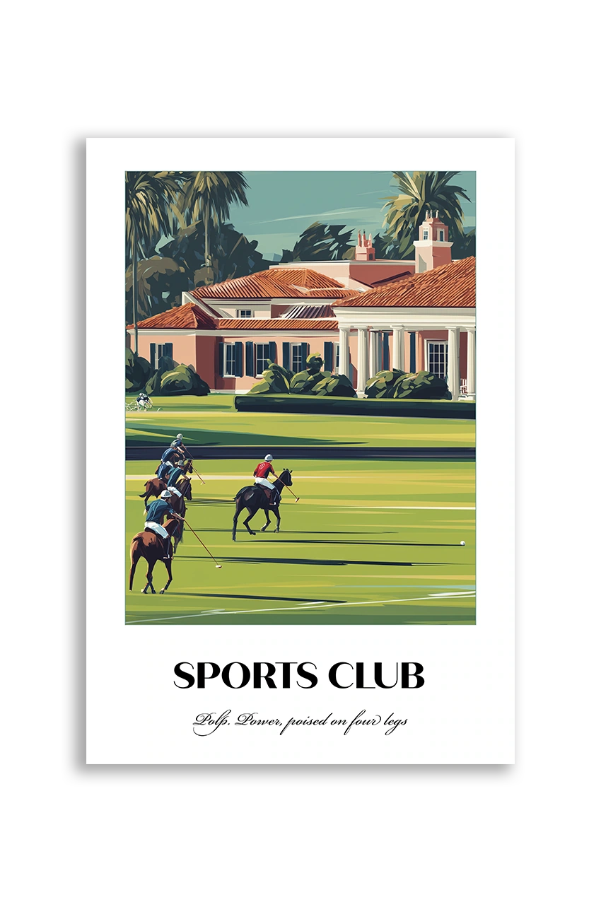 Akustikbillede med en sportsplakat med et klubhus med polospillere