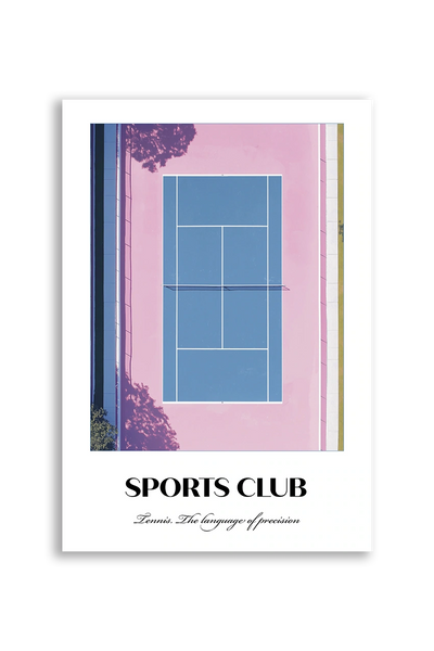 Akustikbillede med en sportsplakat med en tennisbane set fra oven i lyserødt og blåt