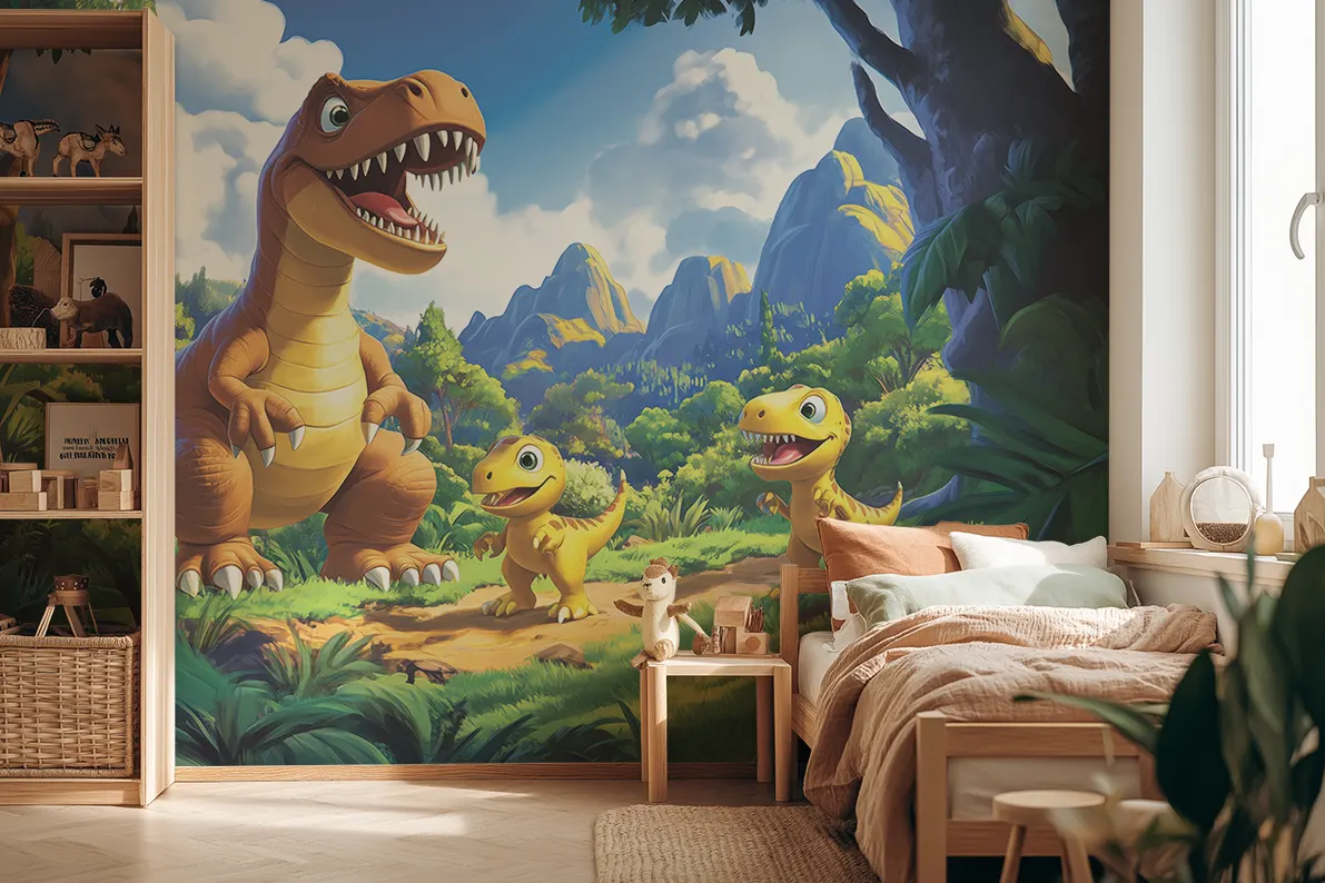 Akustikvæg med to tegnede dinosaurer i et bjerglandskab, i et børneværelse med seng og reol