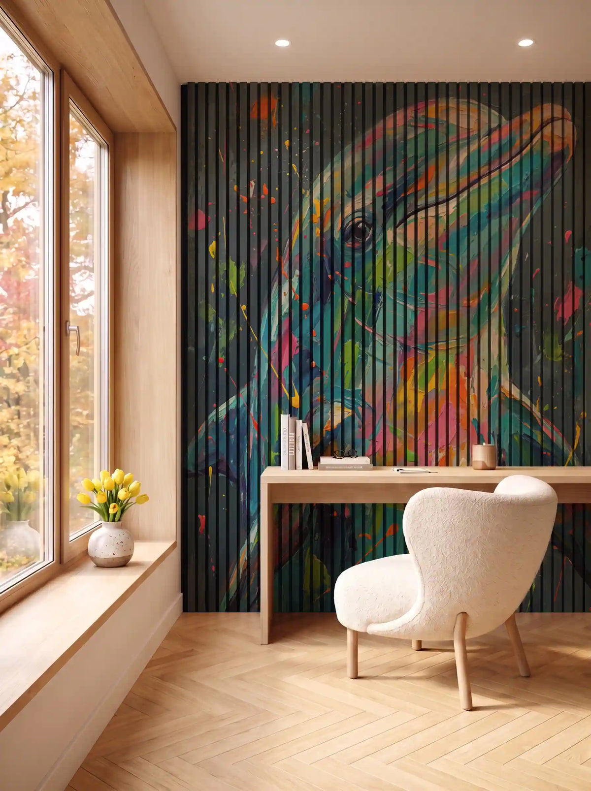 Akustikpanel med Painted Animal motiv nr. 18, i en spisestue