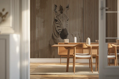 Akustikpanel med en zebra i enkel stregstil, i et lyst rum med lænestol