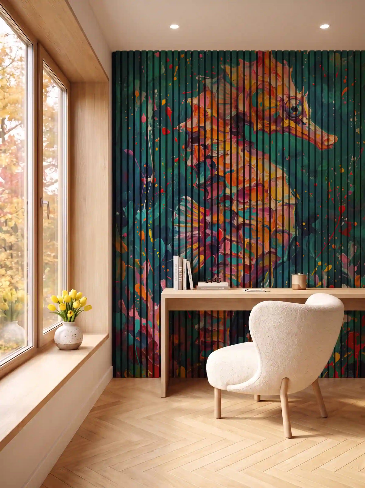 Akustikpanel med Painted Animal motiv nr. 14, i en spisestue