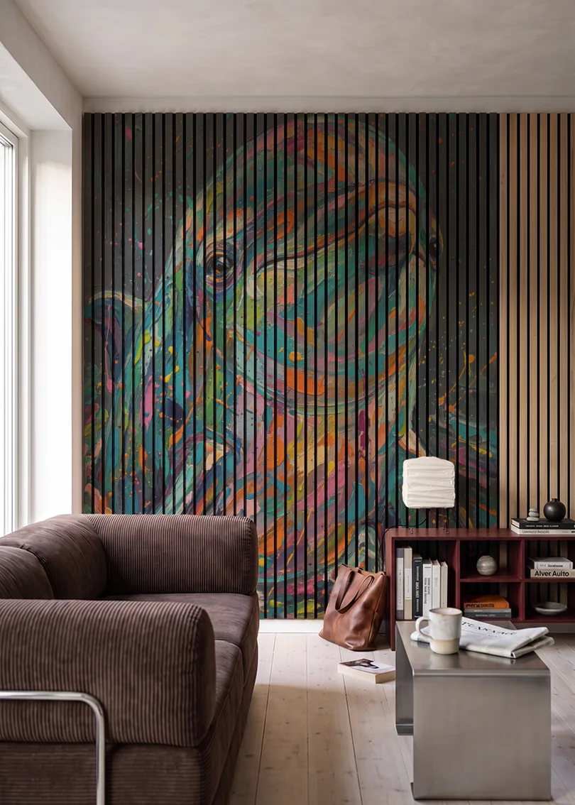 Akustikpanel med Painted Animal motiv nr. 17, i en stue